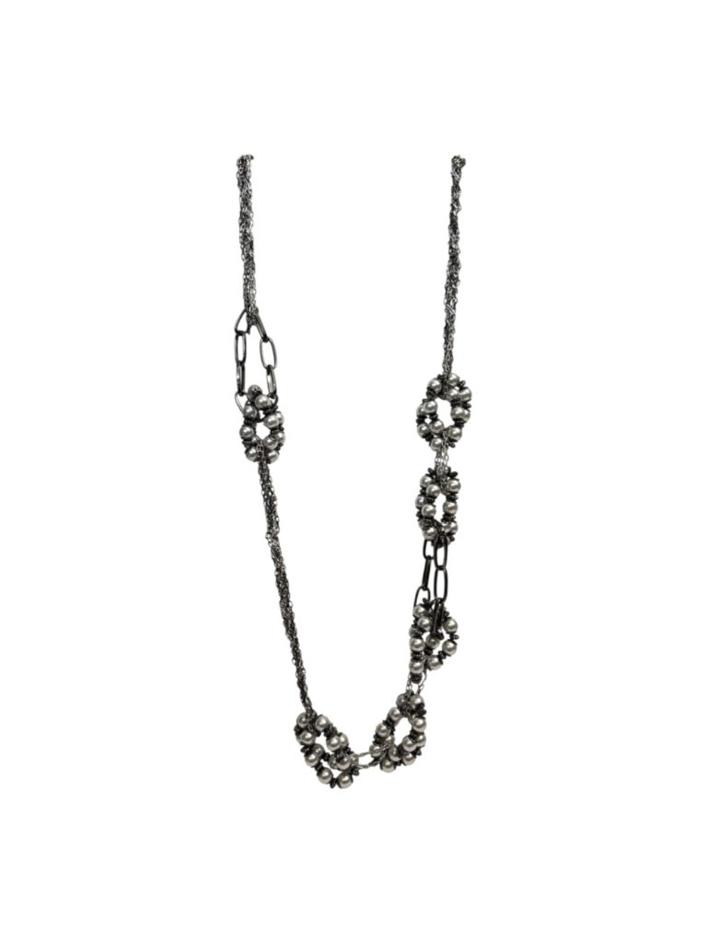 Talbots Asymmetrical Beaded Statement Necklace Chain-Link Faux Pearl Accents 28" - Picture 3 of 8